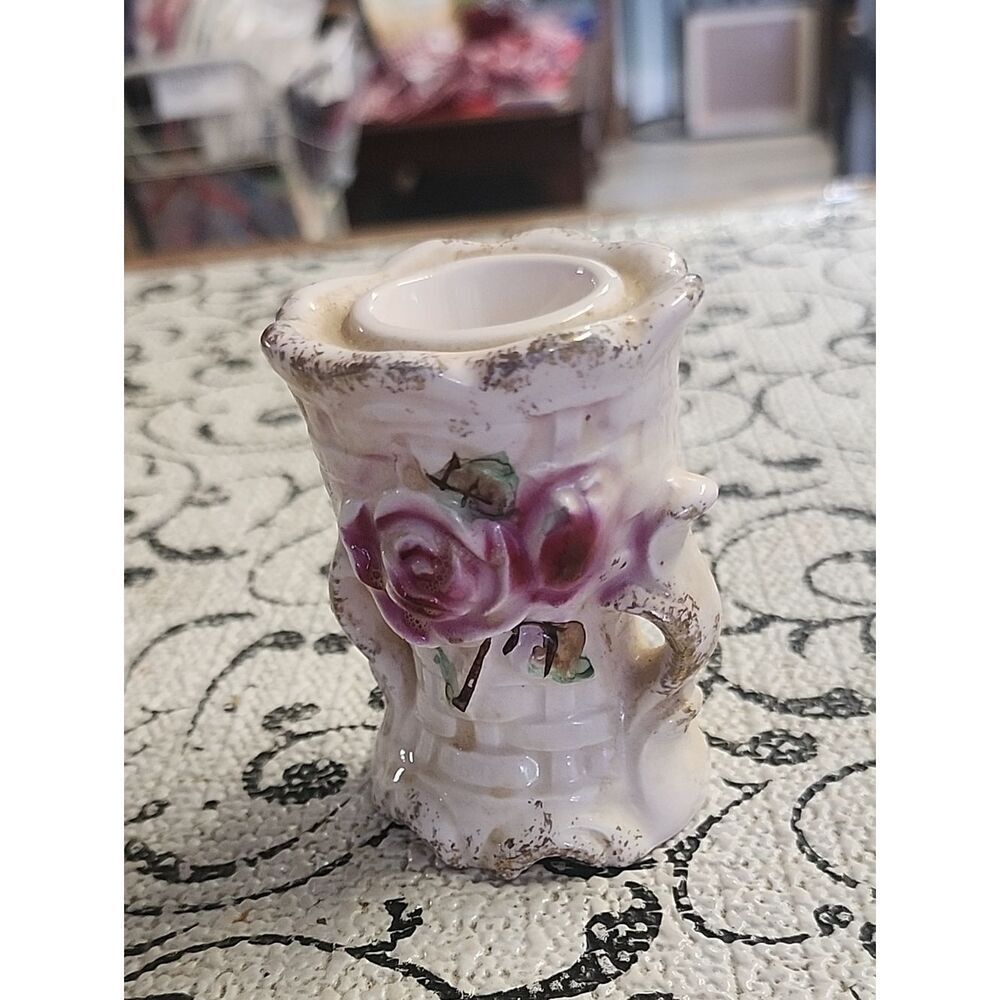 Vintage White Taper Holder with Pink Rose Motif